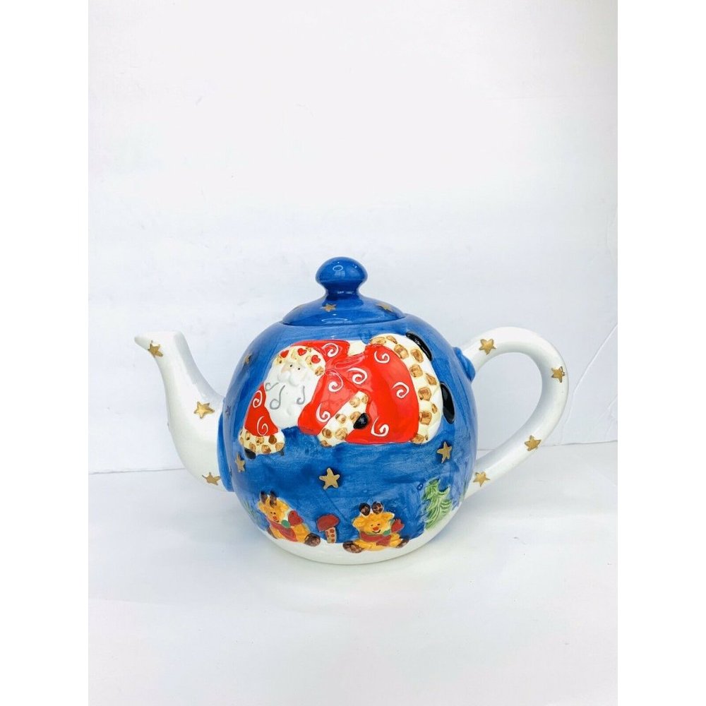 SANTA CLAUS Teapot Holiday Christmas Pottery Large 10.5" Hand Painted